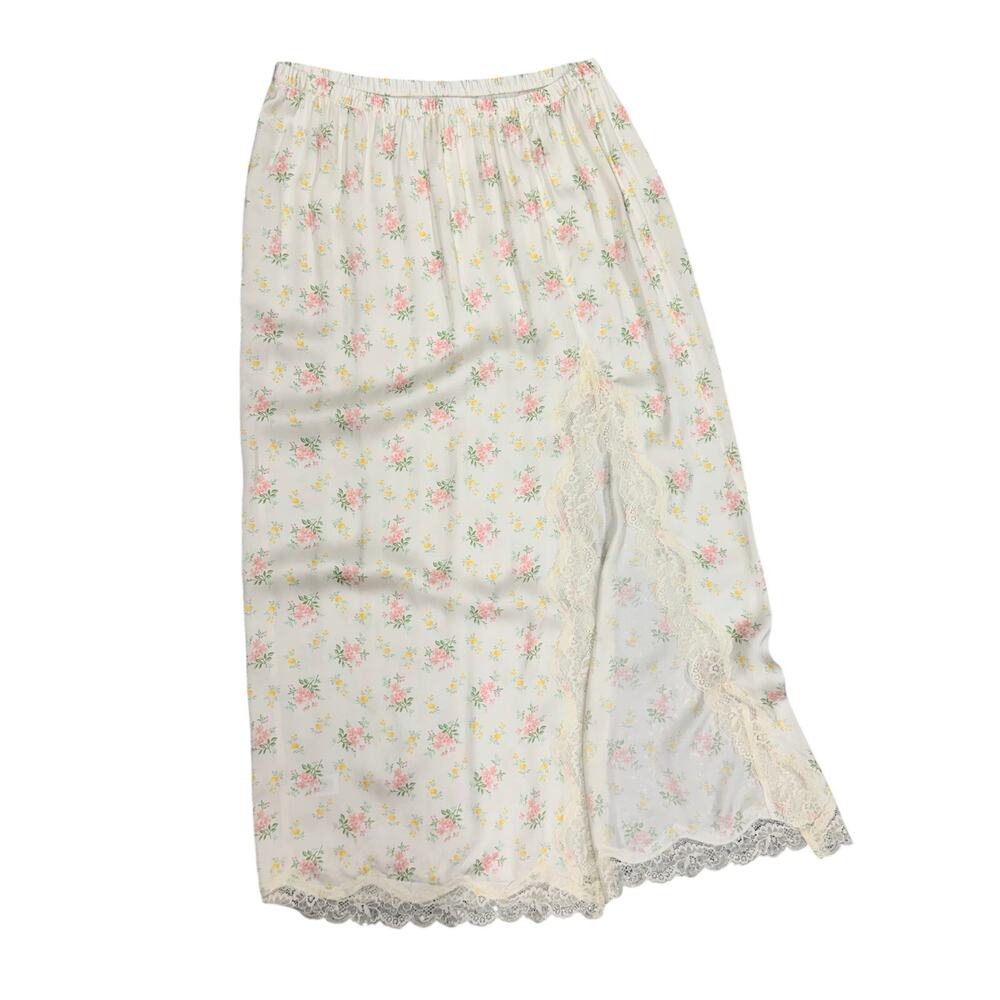 Aerie Satin Midi Skirt With Lace Trim Slit M Delicate Floral White NWT